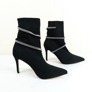 Rouge Rhinestone Wrap Around Knit Boots Women Size 8.5 Black Stiletto Zip Up